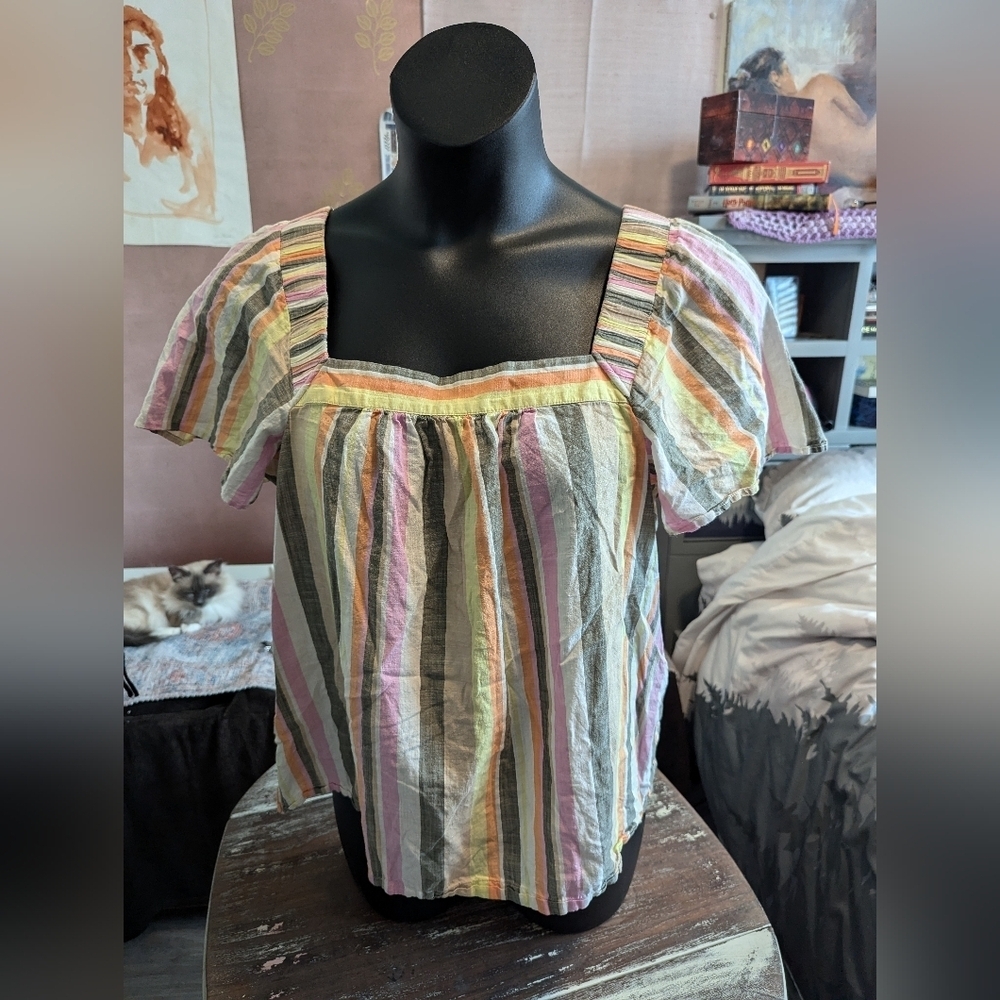 Loft- Petite striped blouse 100% Cotton gray/pastel colors size‎ XLP